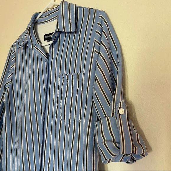 Karen Kane Striped Shirtdress Tencel Linen Roll-Tab Sleeve Blue Size XS - Picture 4 of 16